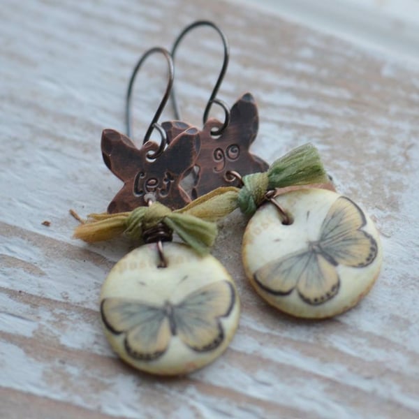 Handmade Copper and Polymer Clay Butterfly Charm Earrings with Chiffon Bow
