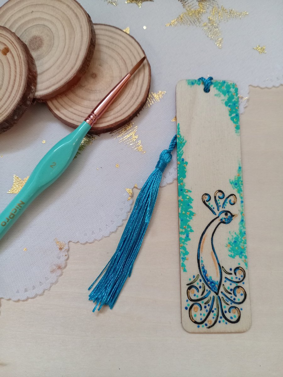 Wooden peacock bookmark