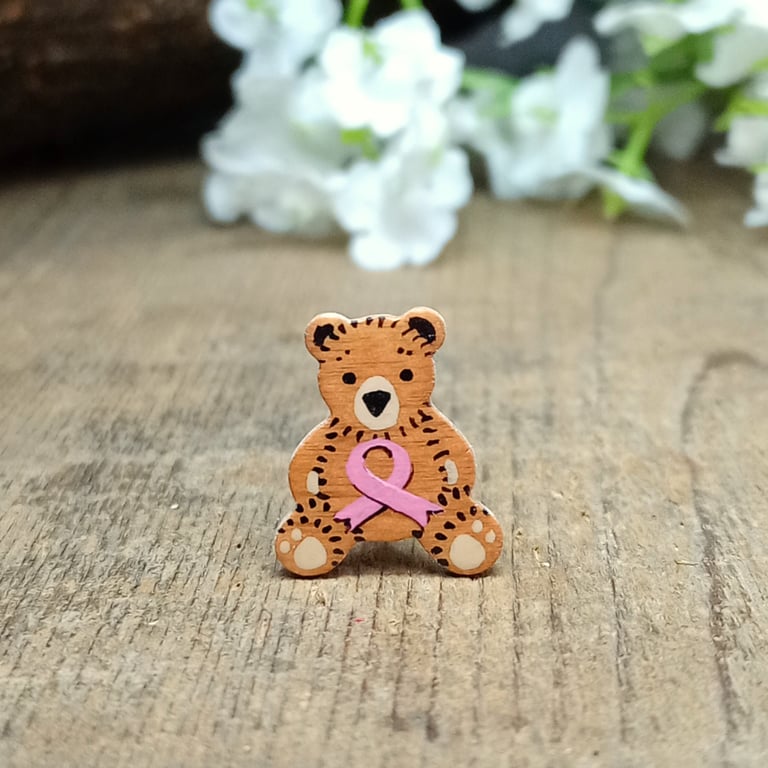 Breast Cancer Awareness Bear Pin, Handmade Pink Ribbon Tiny Teddy Brooch