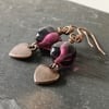 Plum purple lampwork glass nugget bead and copper heart charm earrings 