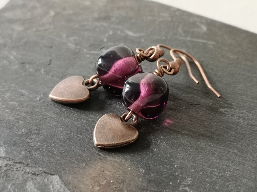Plum purple lampwork glass nugget bead and copper heart charm earrings 