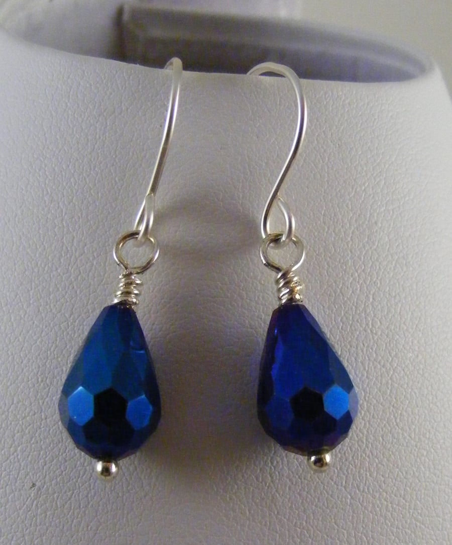 Metallic Blue Crystal Drop Earrings