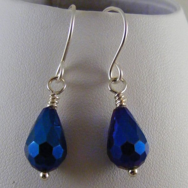 Metallic Blue Crystal Drop Earrings