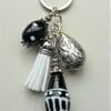 Black and White Glass Lampwork 'Bottle-Effect' Tassel Keyring Bag Charm   K1170