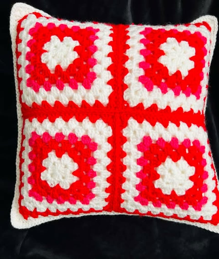 Handmade crocheted cushion cover Coral red, white , one side 4 squares