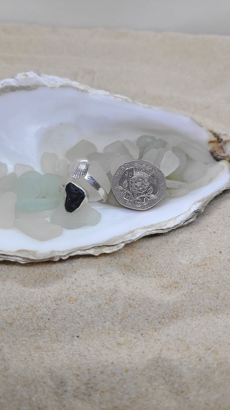 Pirate black sea glass and cockle ring TL9