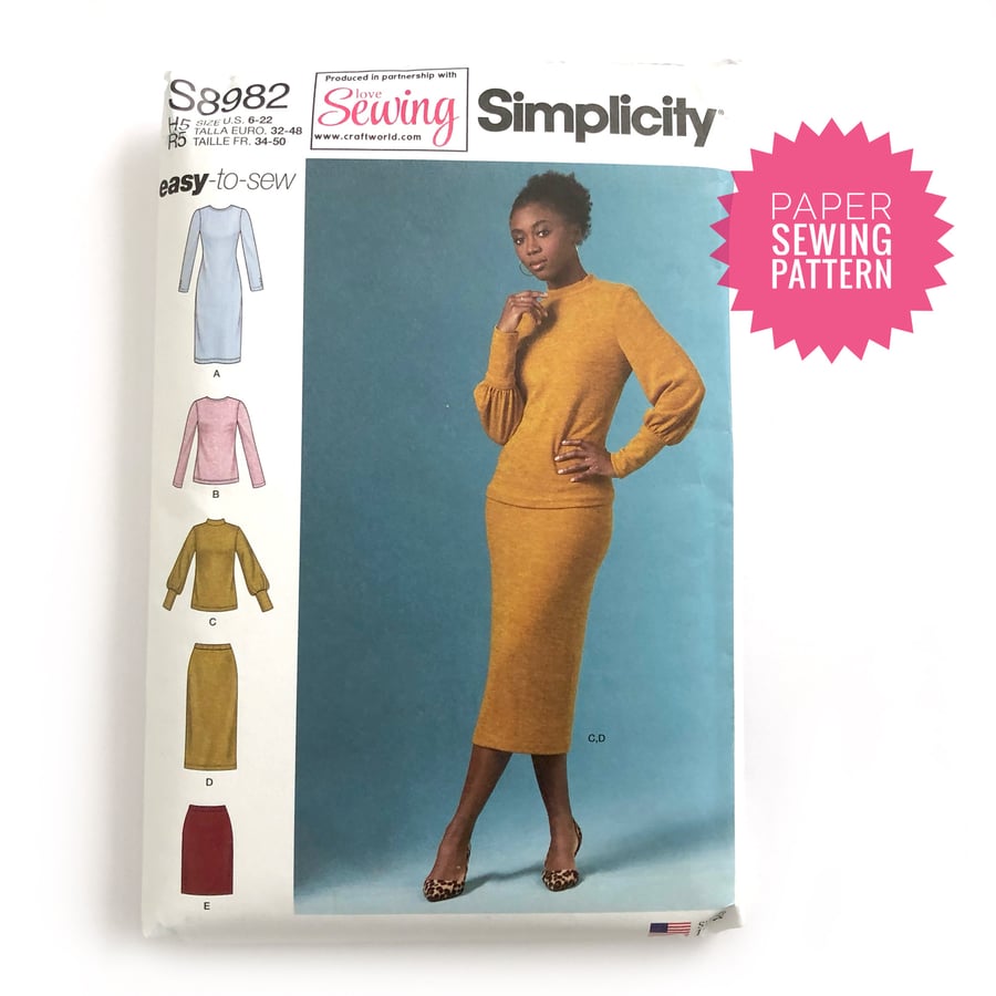Paper Sewing Pattern, Misses’ dress, top and skirt pattern for knit fabric S8982