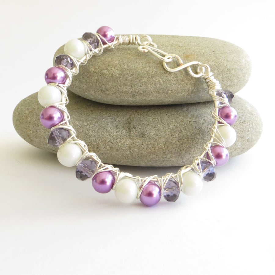 Pearl and Crystal Bangle, Purple and White Bead Bracelet, Wire Wrapped Bangle