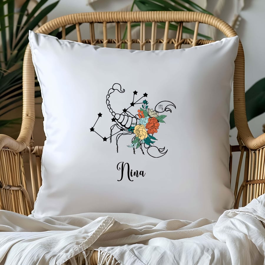 Scorpio Starsign Cushion Cover Floral Design Unique Personalised Zodiac Birthday