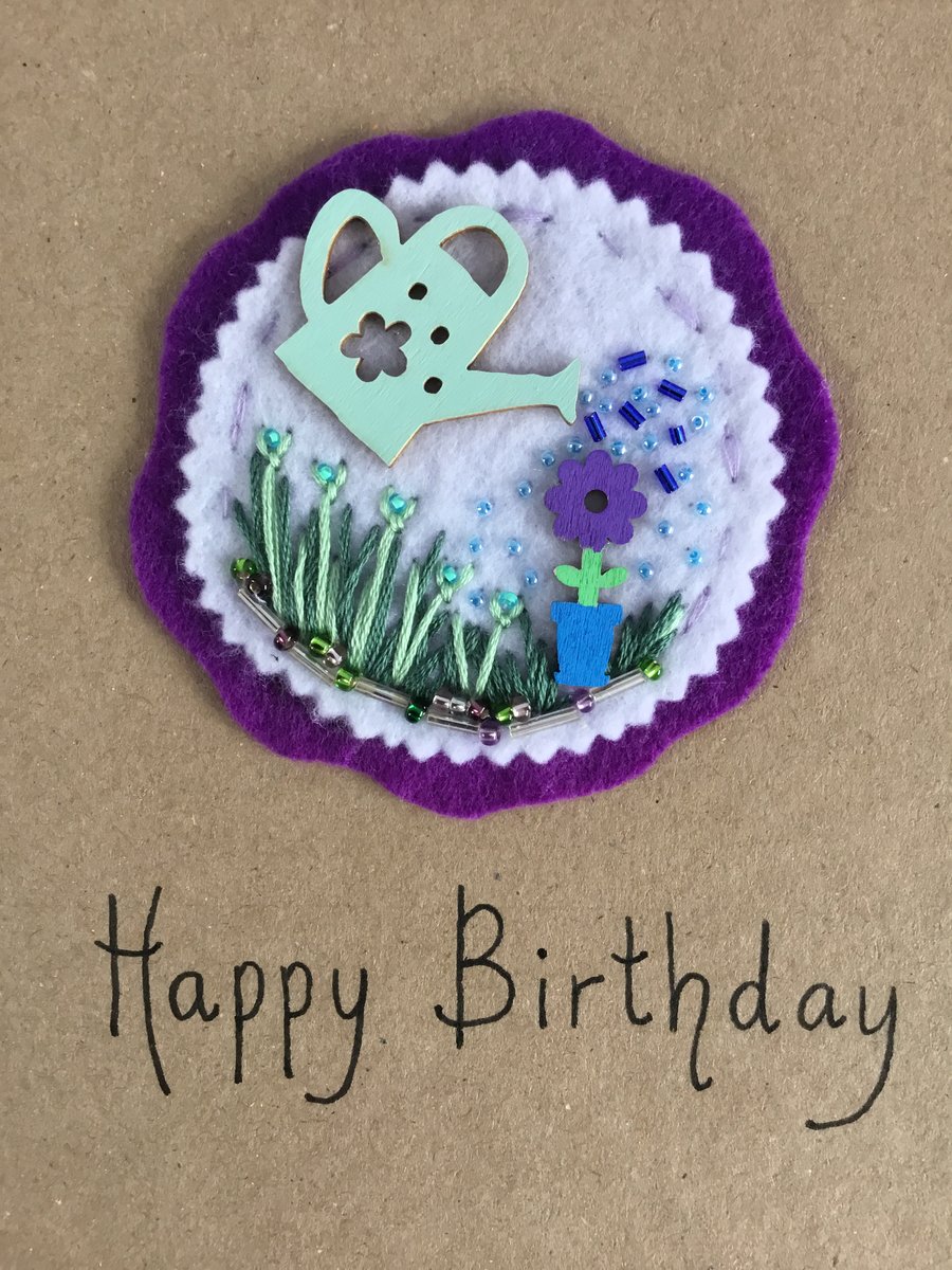 Hand Embroidered Gardening Birthday Card 