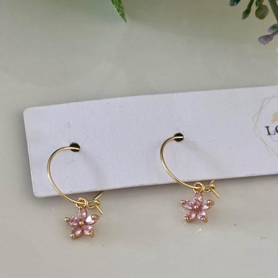 Pink Floral Zircon Earrings, Pendant Earrings, Handmade Jewellery 