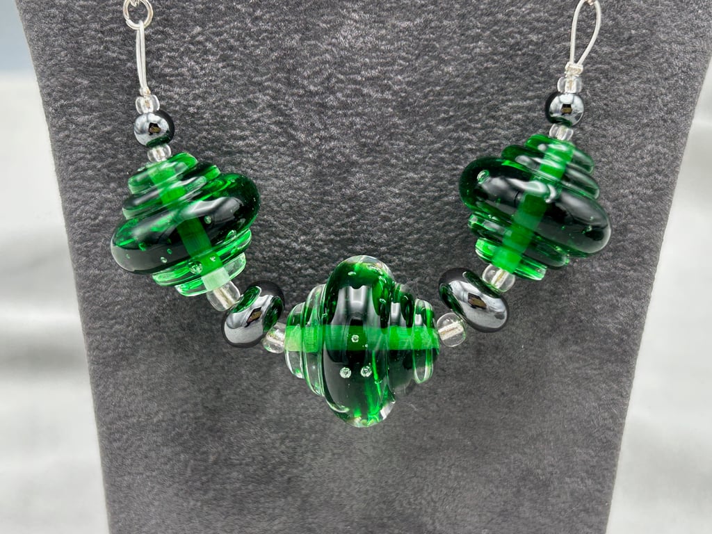 dark green lampwork glass beaded necklace