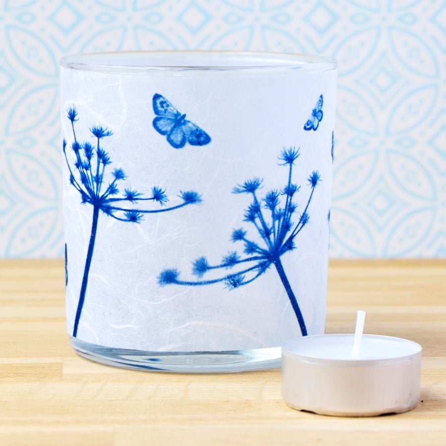 Seed head and butterflies Cyanotype tea light holder Seconds 