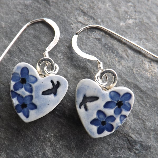 Summer Garden heart-shaped ceramic and sterling silver drop earrings in blue