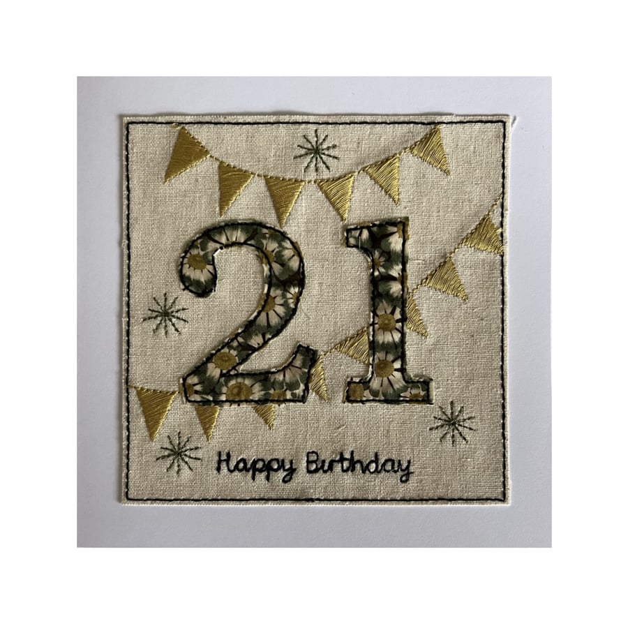 21st Birthday Card, Liberty Floral Card, Textile Age 21 Card, 21st Bunting Card