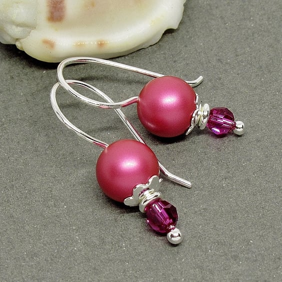 Bright Pink Pearl Earrings - Sterling Silver
