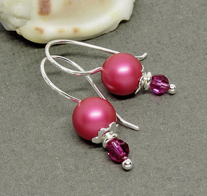 Bright Pink Pearl Earrings - Sterling Silver