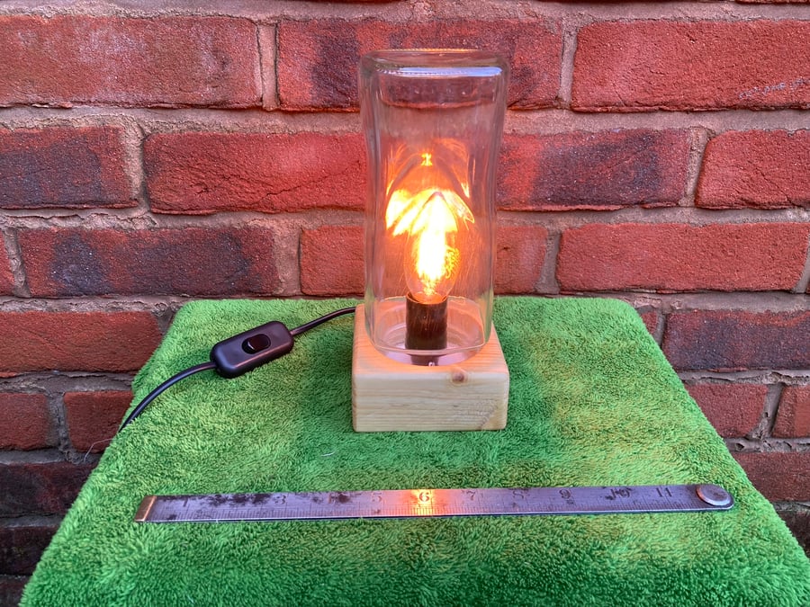 Upcycled Square Coffee Jar Table Lamp on Salvaged Wood Base, Black Fittings