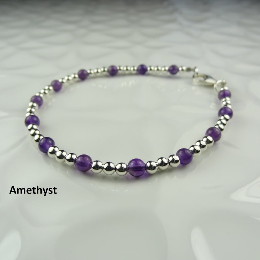 Natural stone beaded bracelet, 3mm sterling silver, 4mm stones, 10 stone options