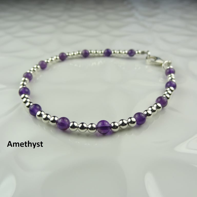 Natural stone beaded bracelet, 3mm sterling silver, 4mm stones, 10 stone options