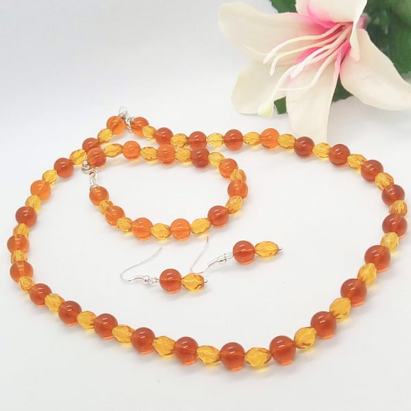 Topaz Glass Beads and Amber Crystal Beaded Jewellery Set, Gift for Her