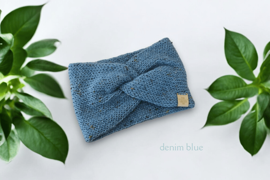 Knitted Headband Women's Soft Merino Alpaca Wool Blend Earwarmer Denim Blue