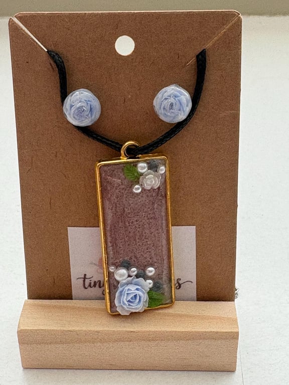 Handmade Resin Pendant Necklace & Rose Resin Stud Earrings Set - Delicate Floral