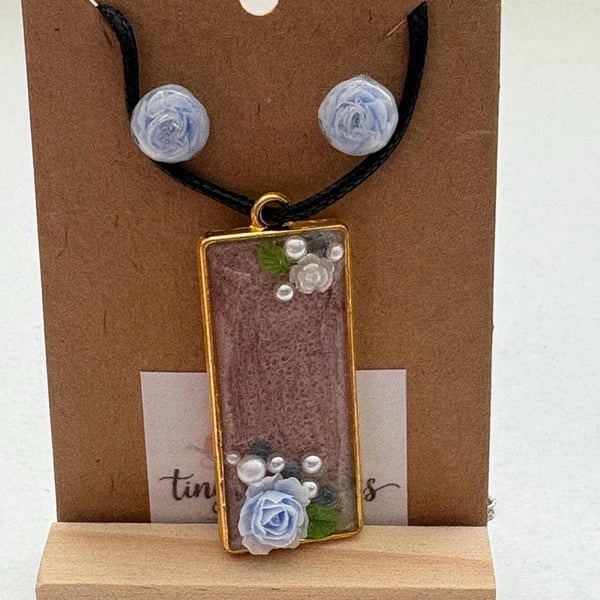 Handmade Resin Pendant Necklace & Rose Resin Stud Earrings Set - Delicate Floral