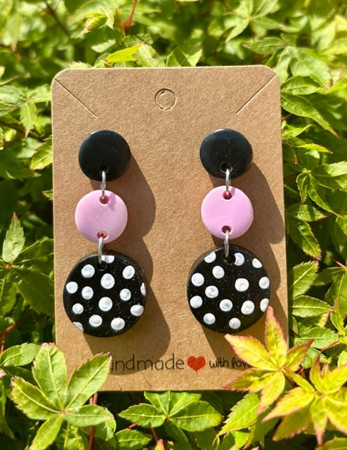 Bespoke Pink and Black Polka Dot Drop Earrings