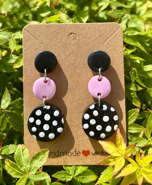 Bespoke Pink and Black Polka Dot Drop Earrings