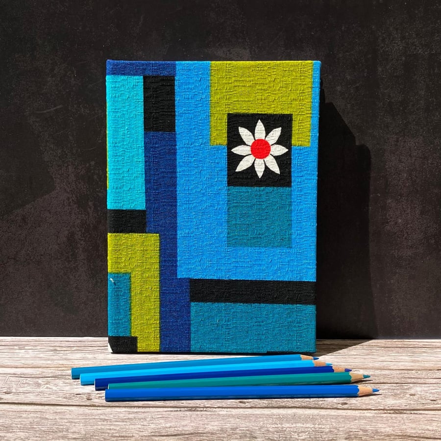 'Eleonore' Hand-Stitched A5 1960s Vintage Fabric Journal, Sketchbook,Turquoise