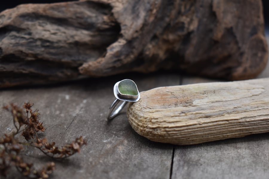 Sea Glass and Recycled Silver Ring, Size K, Olive Green Scottish Sea Glass