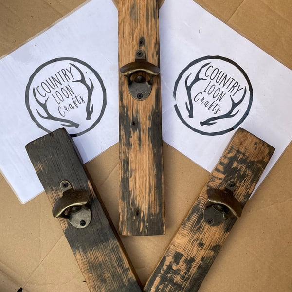 Wall Mounted Bottle Opener made from Whisky Barrel Stave