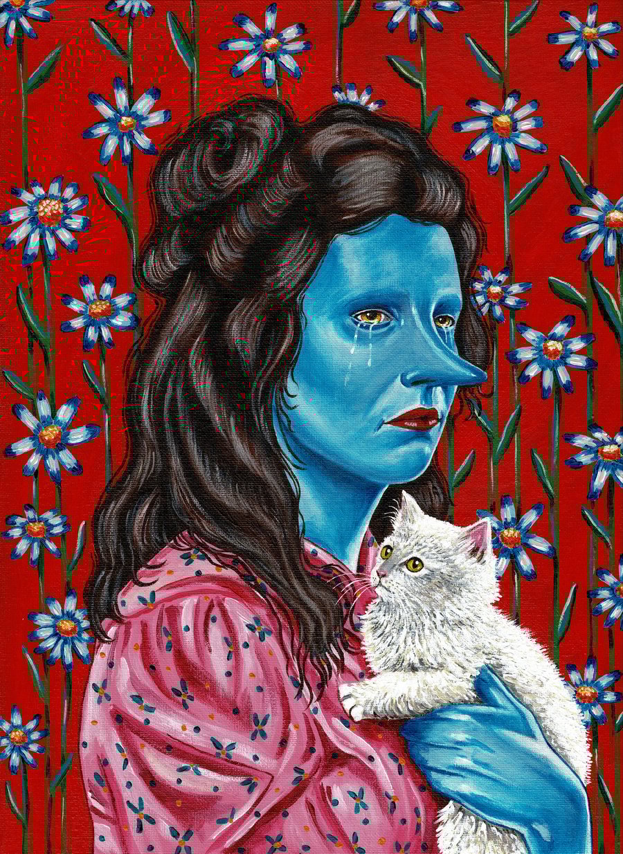 Blue lady with white kitten
