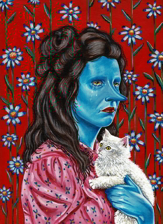 Blue lady with white kitten