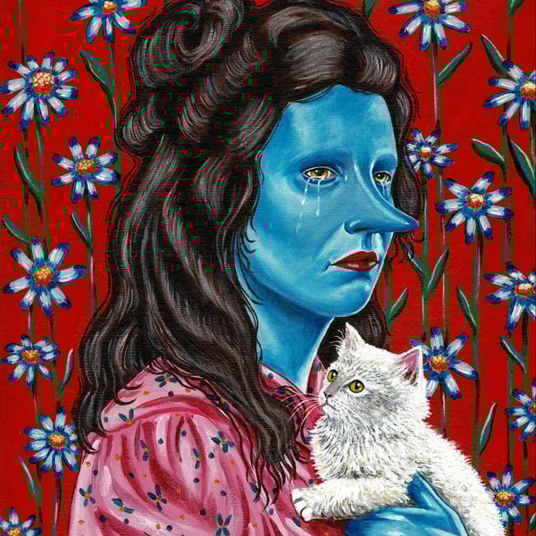 Blue lady with white kitten