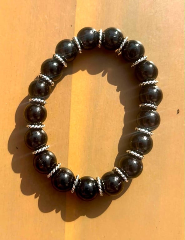 Handmade Black Beaded Bracelet with Silver-Tone Spacers