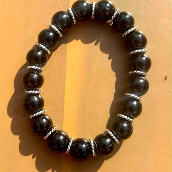 Handmade Black Beaded Bracelet with Silver-Tone Spacers