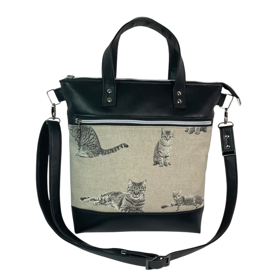 handbag in faux leather and tabby cat print, carry handles tote, medium size