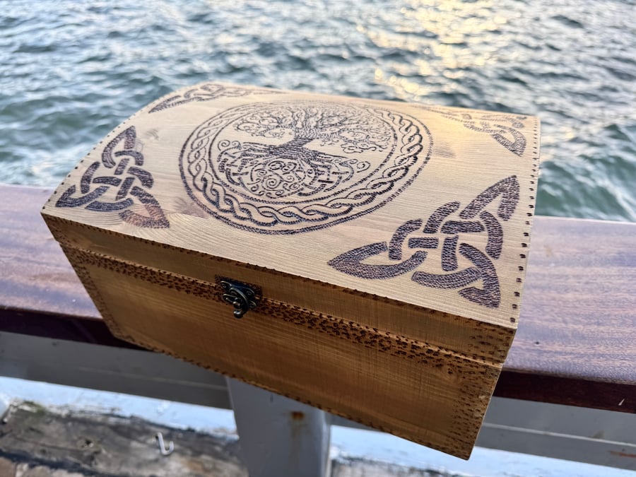 Tree of life wooden chest with Celtic knot border
