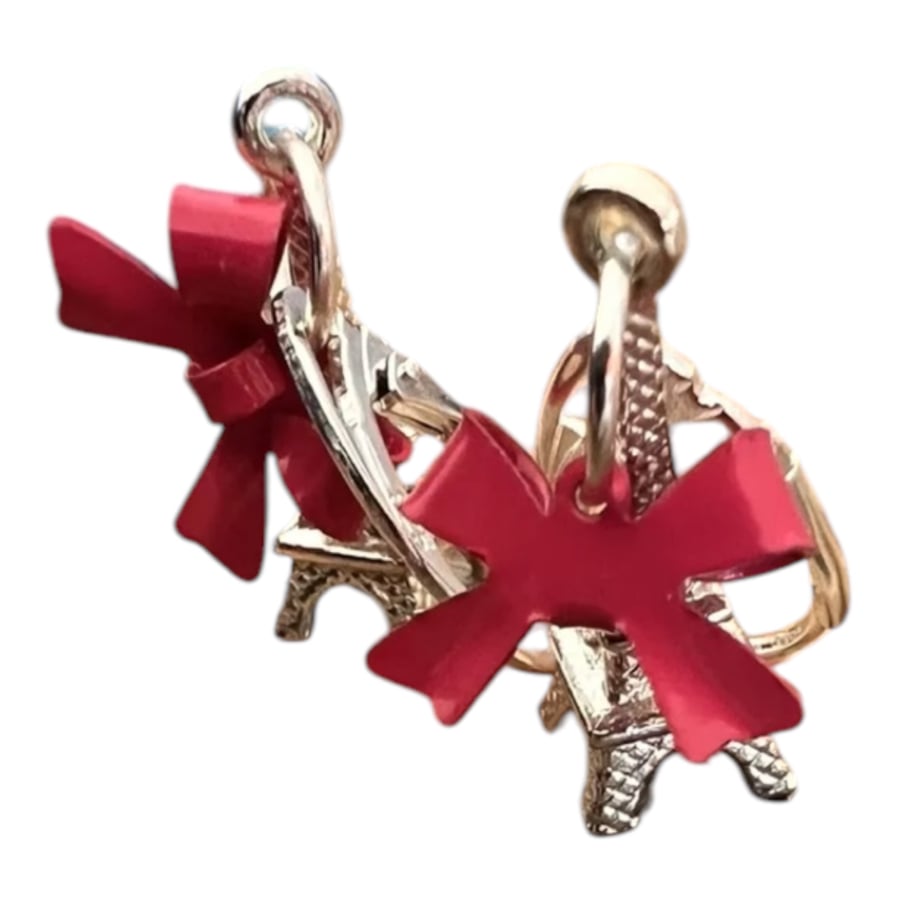 Silver Plated Eiffel Tower Earrings with Red Bows
