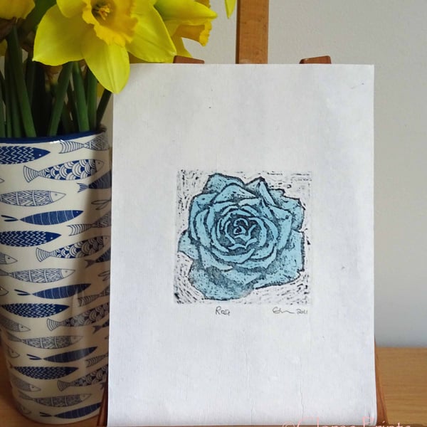 Blue Rose Art Original Print Collagraph Printmaking Floral