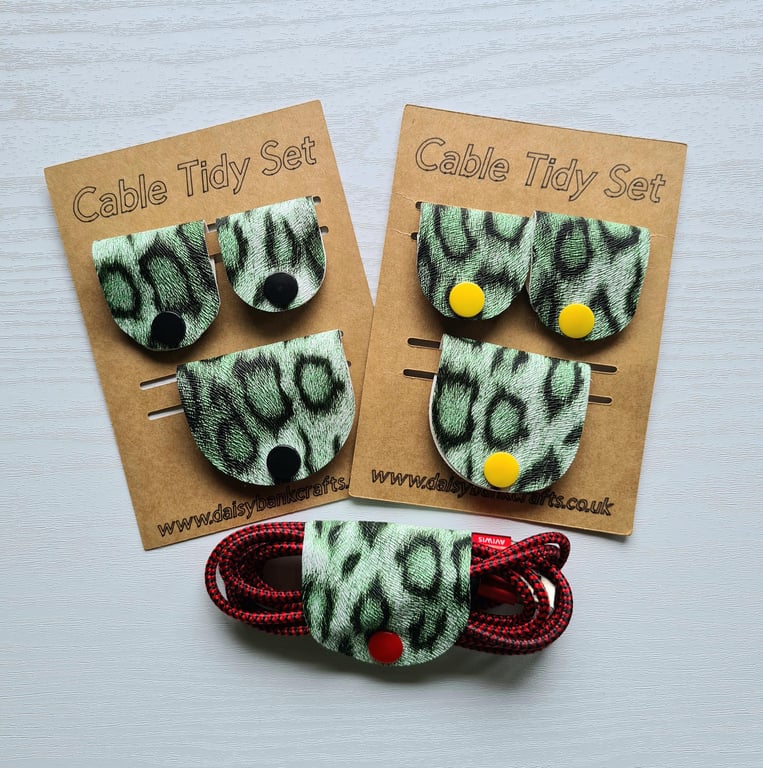 Set of 3 Green Leopard Faux Leather Cable Organisers Snap Fastener Cord Tidies