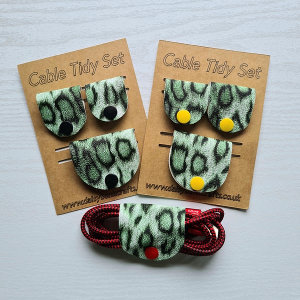 Set of 3 Green Leopard Faux Leather Cable Organisers Snap Fastener Cord Tidies