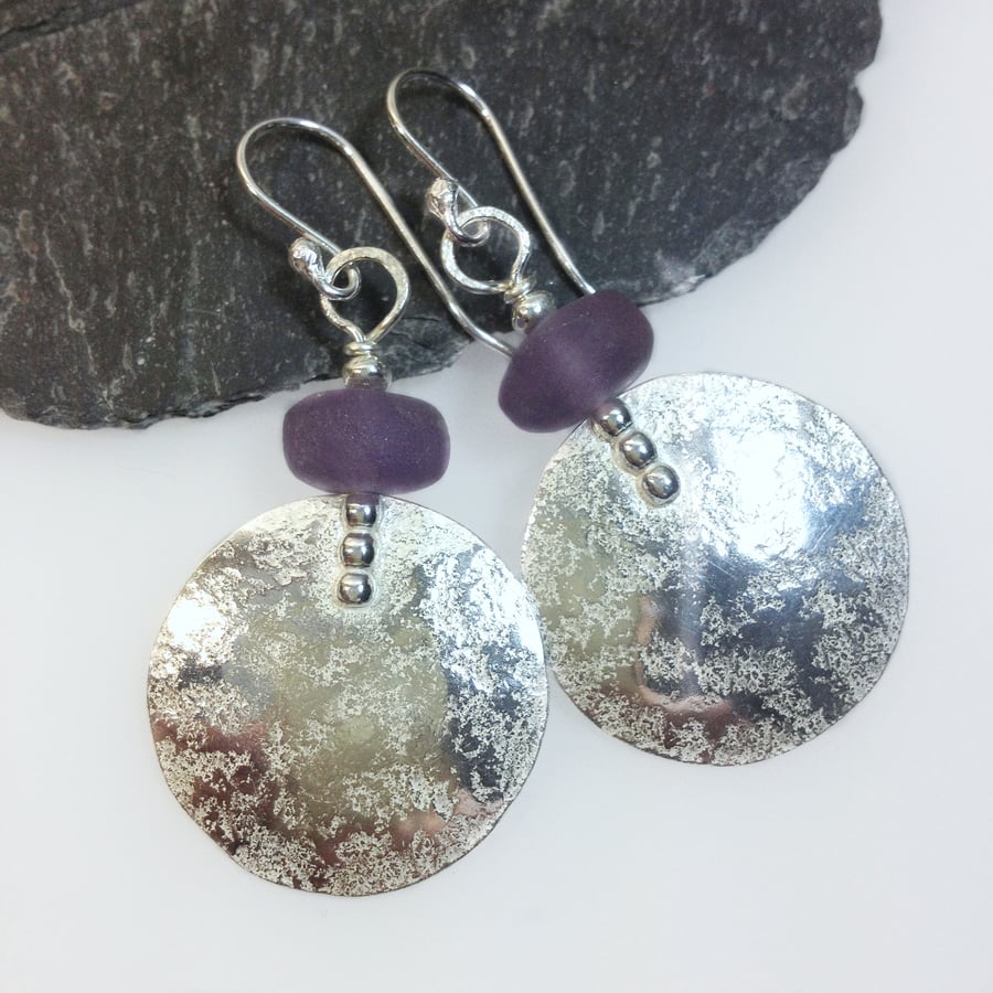 Large round silver and Frosted amethyst earrings 