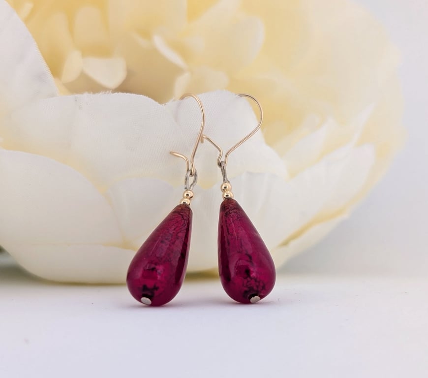 Dark Ruby Murano Glass Earrings: 24 kt Gold foil, Gold Filled Beads and Earwires