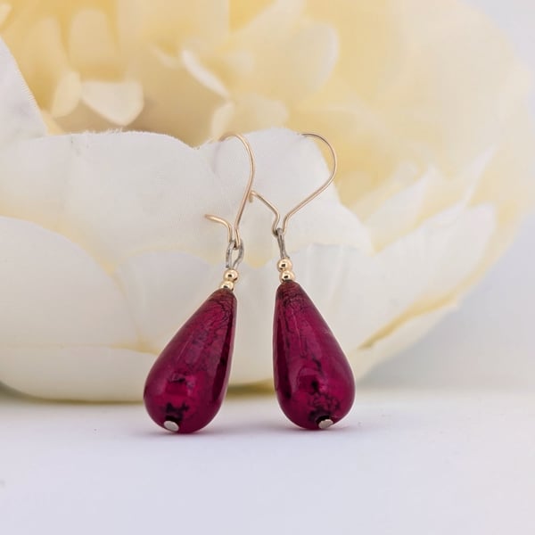 Dark Ruby Murano Glass Earrings: 24 kt Gold foil, Gold Filled Beads and Earwires