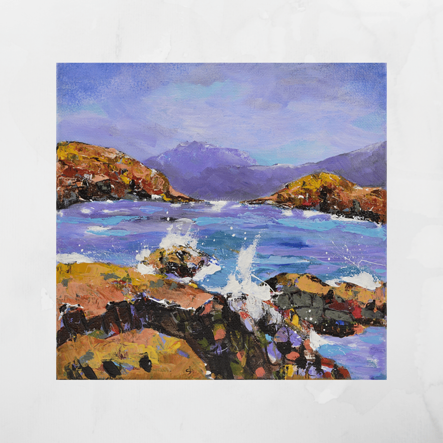 A Colourful Acrylic Painting of a Scottish Coastline. Ready to hang. 8x8 inches.