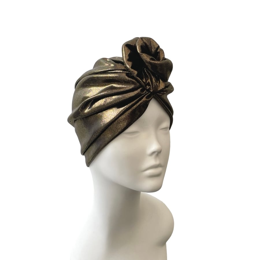Golden Metallic Foil Jersey Rosette Turban Hat, Festive Christmas and Party 