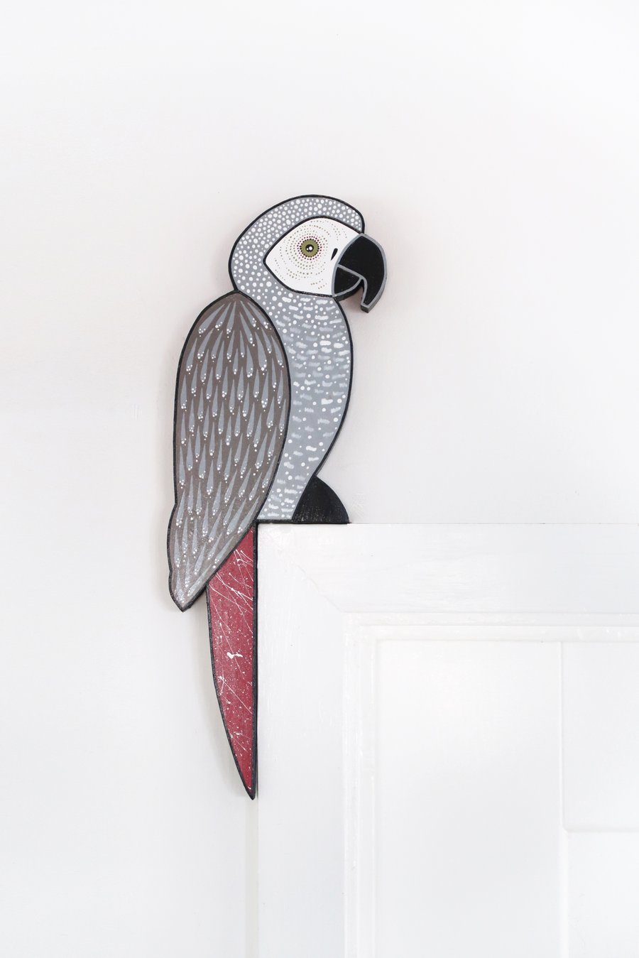 African grey parrot door topper, wooden tropical bird decoration for door.